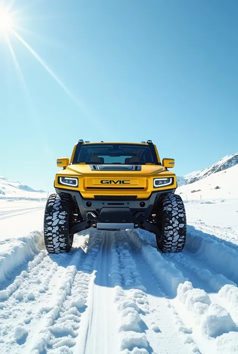 
Prompt:

"An ultra-realistic, front-facing depiction of a 2025 yellow GMC Hummer EV SUV positioned in a pristine snowy landscape. The vehicle's bold and rugged design is showcased prominently against the white surroundings, with its distinctive grille, sh...