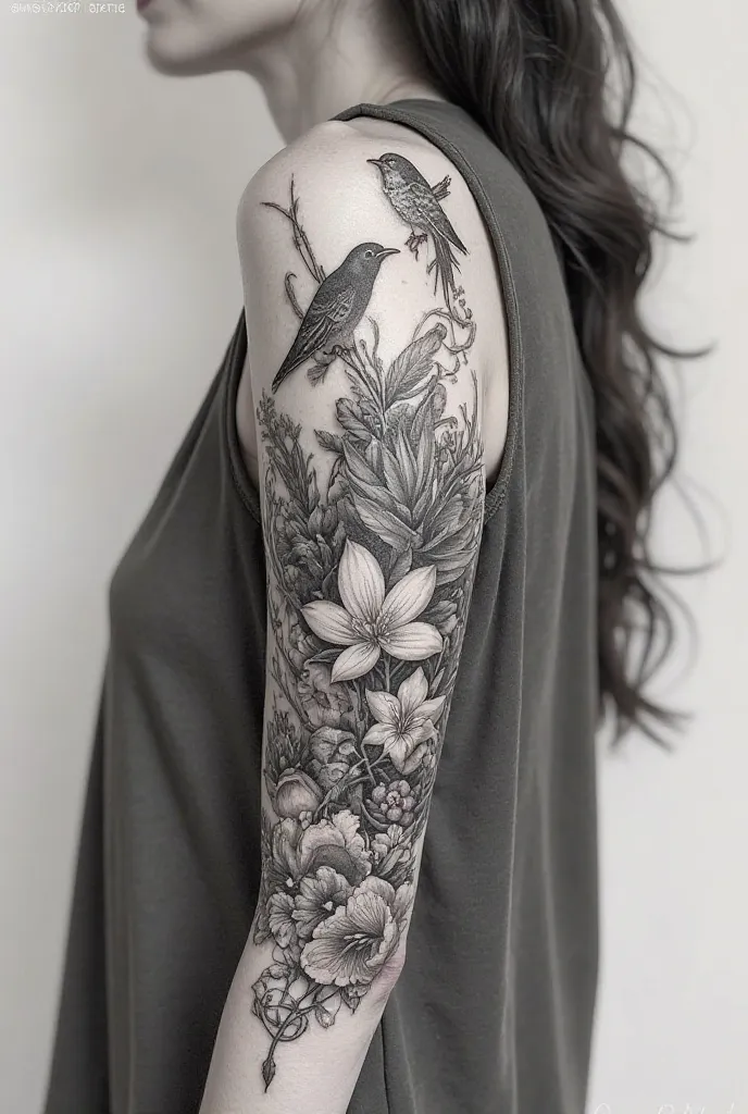 Create a tattoo for a woman's arm with themes of Venezuelan fauna and flora in grayscale 