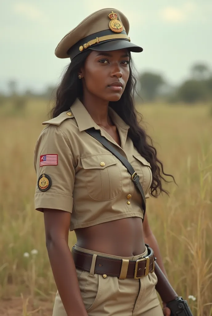 Communist Girl Police of Cuba, Put on a sugar pot cap, Thin figure, Open Belly Sees High Wide Navel ,good figure, sexy, High waist, Six pack,.  black hair,Holding a pistol with an elegant gesture .  . She wears a beige military uniform that fits , เห็นSix ...