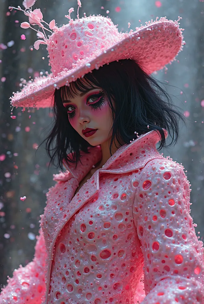 Total mayhem. Hot pink cutout holes shiny liquid  kostume,  pale rose hat. black make up and black feathers. photorealistic. hyper detailed. 