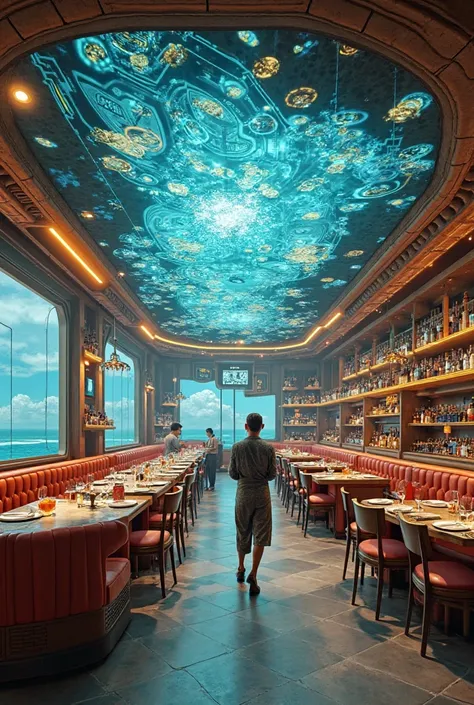 Create a restaurant that serves Colombian food, is on an artificial island created in the Caribbean Sea in Cartagena, where the food is Colombian, the waiters are robots, the menu is a hologram, the delivery is made by drones, the robots are waiters and th...