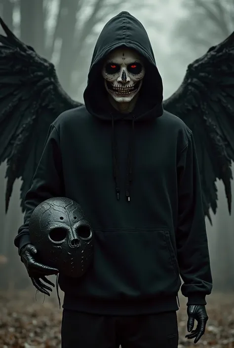 Create a guy wearing all black with a black hoodie with the hood up and holding a all black hockey mask in his right hand with sharp pointy black flesh skeleton shaped hand and have him going through a painful looking transformation having demonic mixed wi...