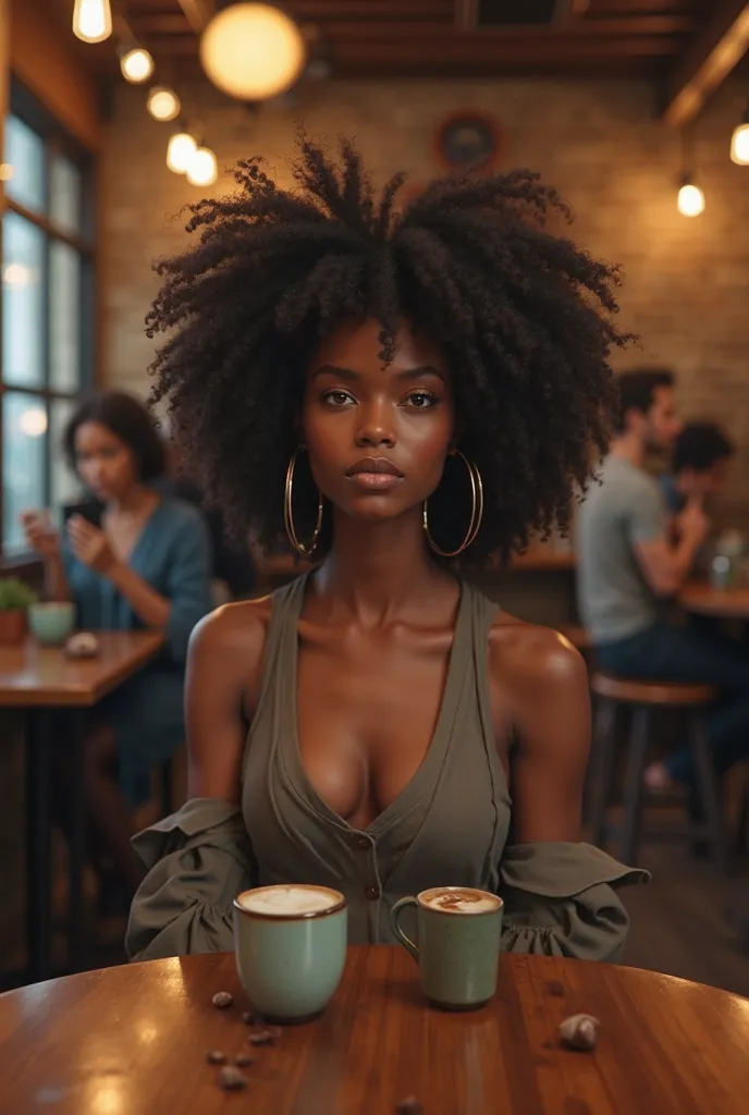 generate an ultra realistic dark skinned model with medium curly afro hair in a coffee shop