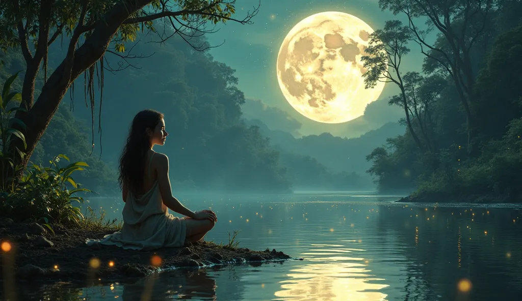 A loose-fitting woman meditates on the edge of a river in the Amazon Rainforest, where an immense full Moon is gently reflected in the tranquil water. The starry sky shines above the treetops, as fireflies flash around.  The atmosphere is mystical , bringi...