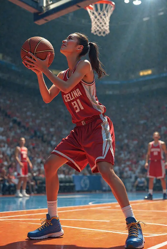 Picture of a nasketballer girl taking a basket ball penalty while her name celina  is  displayed on her basketball vest kit