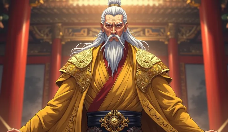 Anime character, middle-aged man, powerful and dignified, wearing a golden royal robe, regal and majestic appearance, intense and serious expression, aura of authority and strength, intricate and detailed armor under the robe, fine embroidery on the robe, ...