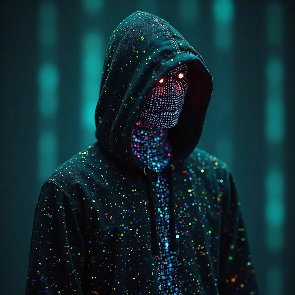 Primary Form: A hooded male hologram, systems with blurry or pixelated features to hide your true identity. The body seems to be composed of shiny neon codes (blue, verde ou roxo), by constantly reorganizing itself like a visual glitch.
eyes: Two luminous ...