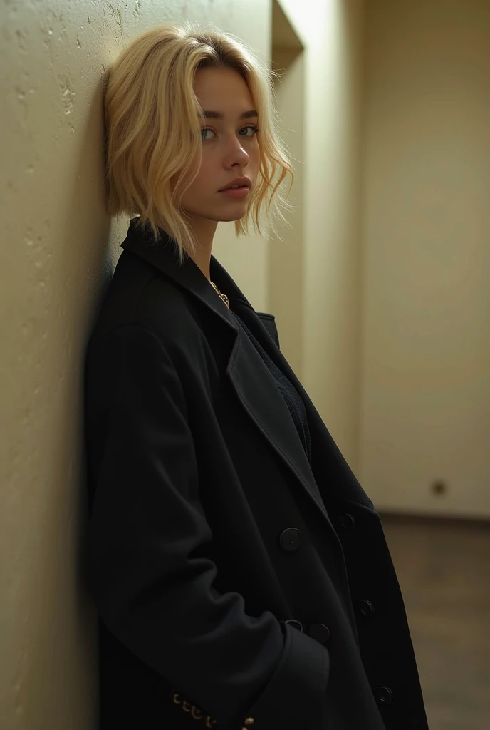 blond woman in black coat leaning against wall in hallway, a picture by Emma Andijewska, tumblr, realism, cai xukun, roseanne park of blackpink, heonhwa choe, taken in the early 2020s, irina nordsol kuzmina, with short hair, portrait of jossi of blackpink,...