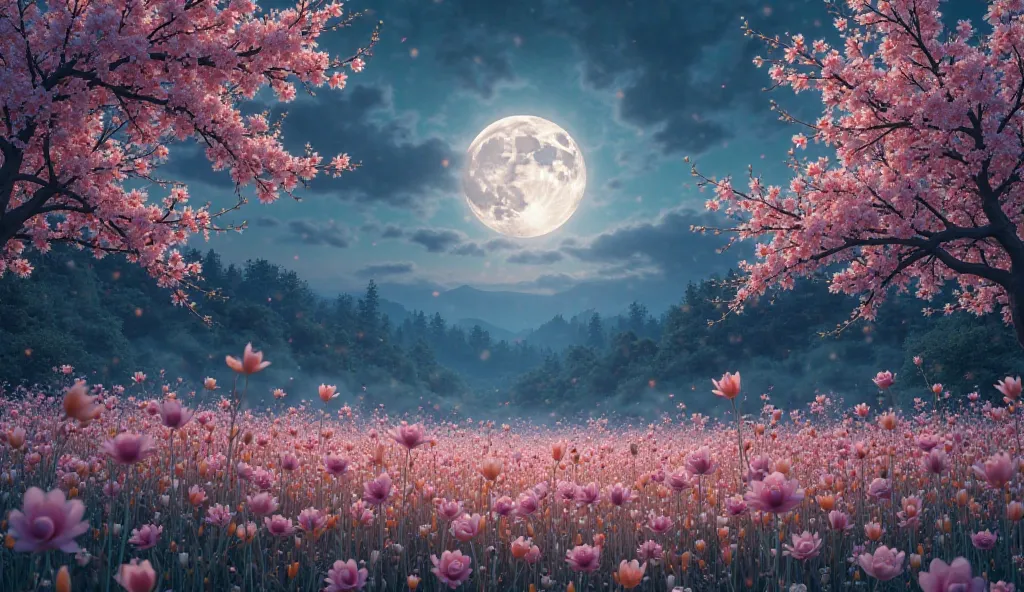 A dreamy nighttime landscape with a full moon shining brightly in the sky, casting a soft glow over a field of blooming flowers. The flowers are delicate and in shades of pink and peach, swaying gently in the breeze. Cherry blossom trees with soft pink pet...