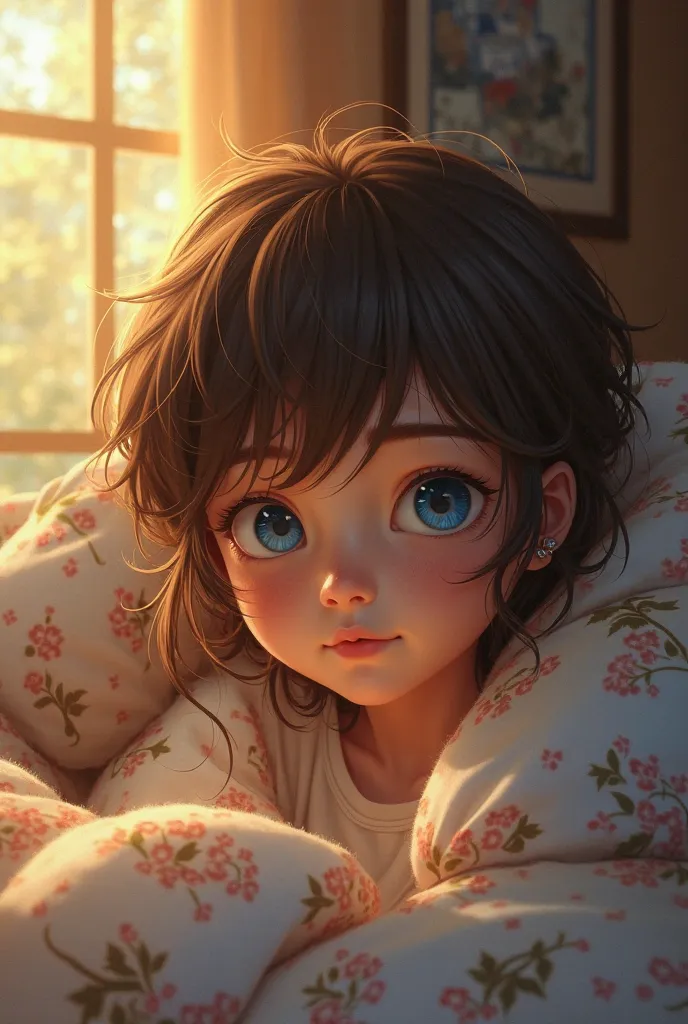 Create a character with blue eyes and brown hair waking up early