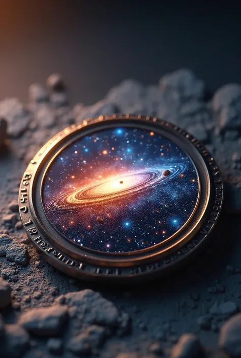  A round colored metal badge with a space shading，Rocket， Universe Exploration ，The badge is placed on the desktop ， realistic photographic effects ， high quality， rich details，4K