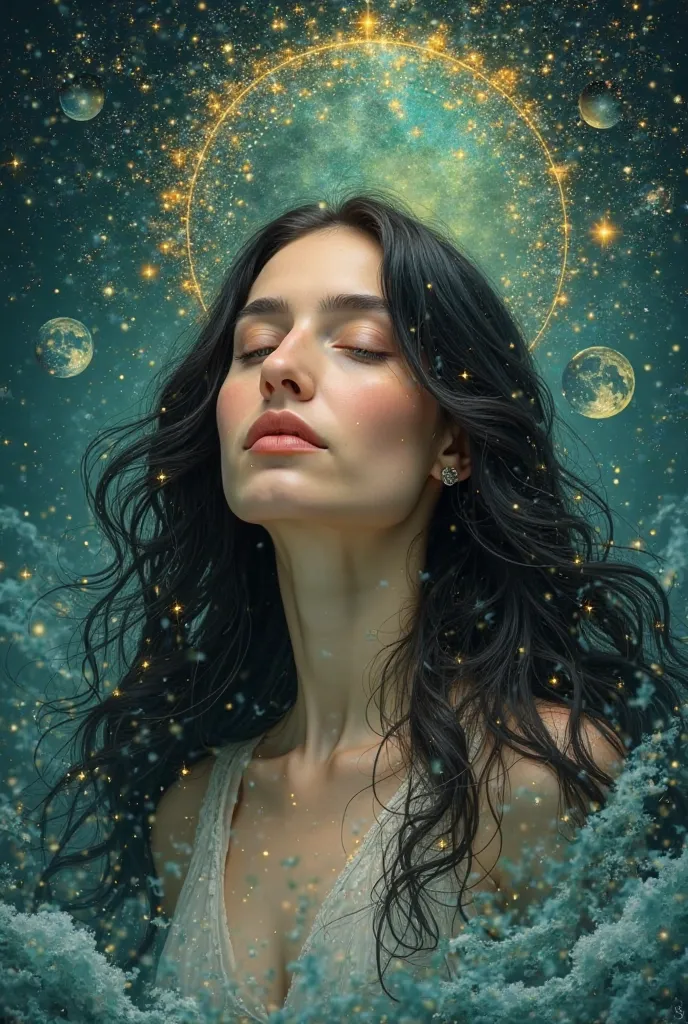 Portrait of a woman with long black hair, surrounded by an ethereal environment inspired by the sea and nature. Its expression conveys peace and serenity, with a soft and luminous aura around her. The background is a fusion of deep blue and emerald green, ...