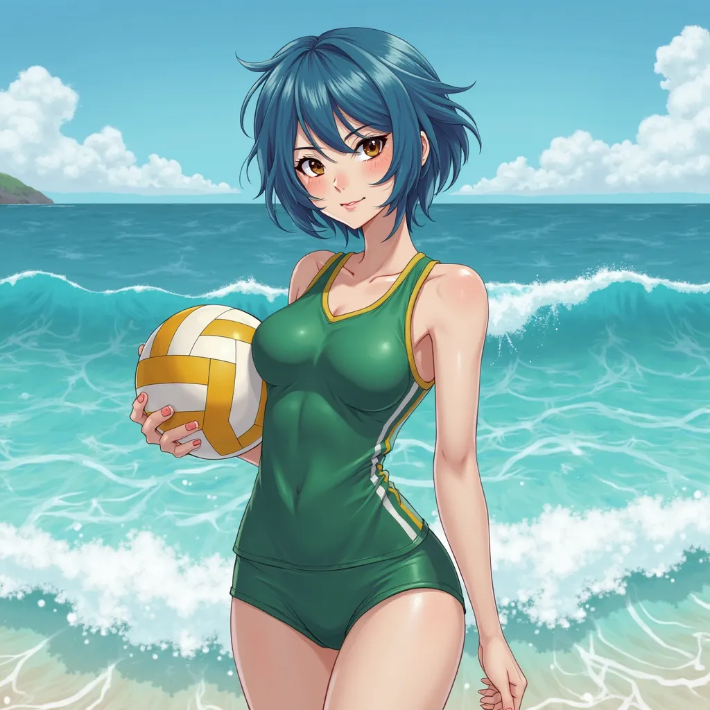 1girl, realistic form, beautiful woman, blue hair, dark brown eyes, spiky hair, pale skin, smiling, serious expression, side-swept bangs, emo based hairstyle, ocean, sporty outfit, holding volleyball, standing, sporty, volleyball player green outfit, signa...