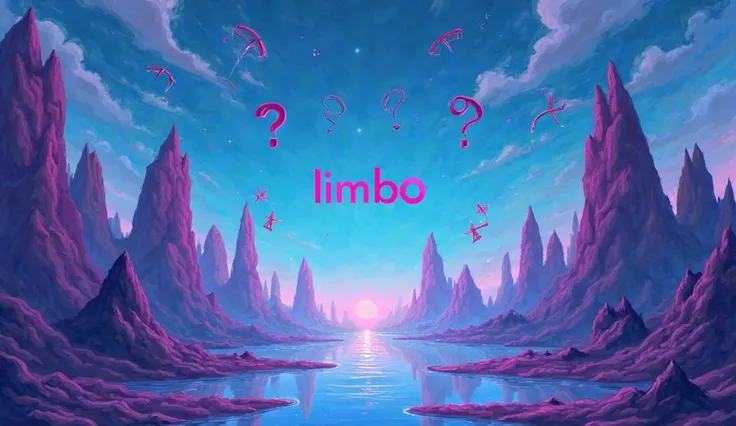 Make a blue and purple background with curvy question marks, outlined cubes and pyramids, with the word “LIMBO” in the centre