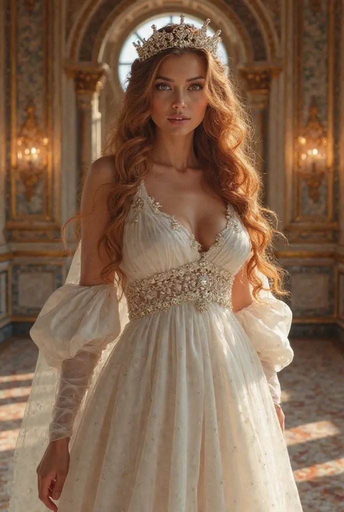 Very beautiful woman sexi color hair hazel eyes hazel went a queen wears a queen dress white color she is in a big luxury castle very big ass 