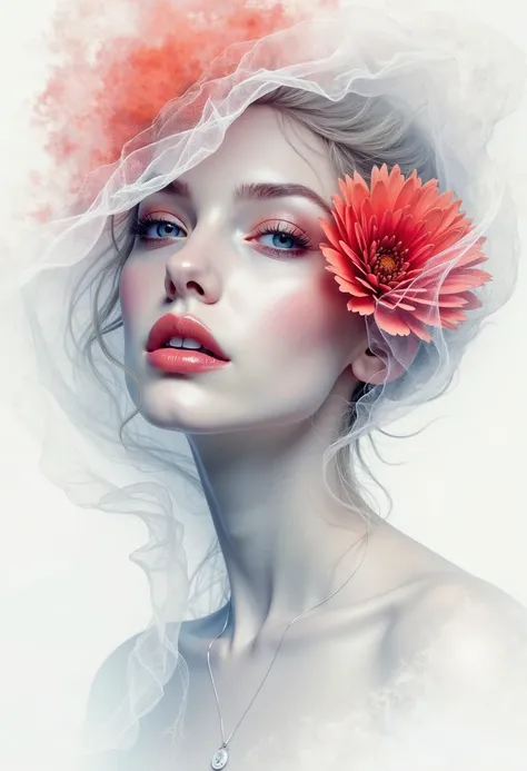 modern painting of a white face of a beautiful woman, white abstract wave-shaped veil, random color lipstick, random color eyeshadow, random color eyes, random color flower on top of her head, white background