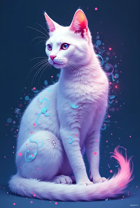 

"Create an illustration of a white cat with vibrant, swirling patterns of blue, purple, and pink. The cat should be seated, with its fur blending seamlessly into the psychedelic patterns. The background should be a deep, rich blue.

Style: Digital art wi...