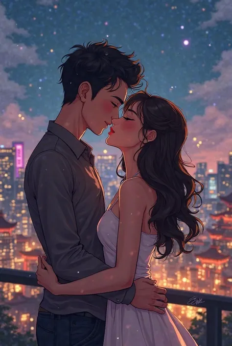 Anime-style illustration of you and Sophia sharing a kiss in a romantic setting in South Korea. The background features iconic elements of Korea, like traditional architecture or modern cityscapes with neon lights. You are slightly taller than Sophia, with...