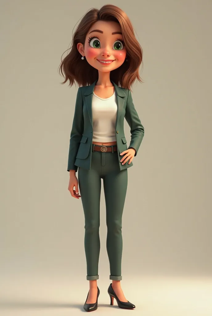 Create a Disney Pixar-style character, adult woman aged 30 years, shorty,  with dark green eyes,  brown hair, with medium neck-length and straight haircut, round nose,  big round cheeks , smiling, with open teeth, wearing pants pants t-shirt and blazer and...