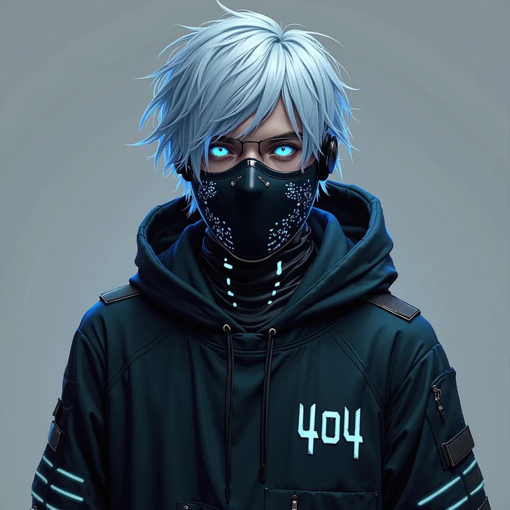  Aparência:
 Hair: White with neon blue tips, disintegrated,  falling on slightly messy . Some wicks glow slightly in the dark.
eyes: Shiny electric blue, but are rarely seen, because he is always wearing the mask.
mask:
mask metálica preta estilizada,  co...