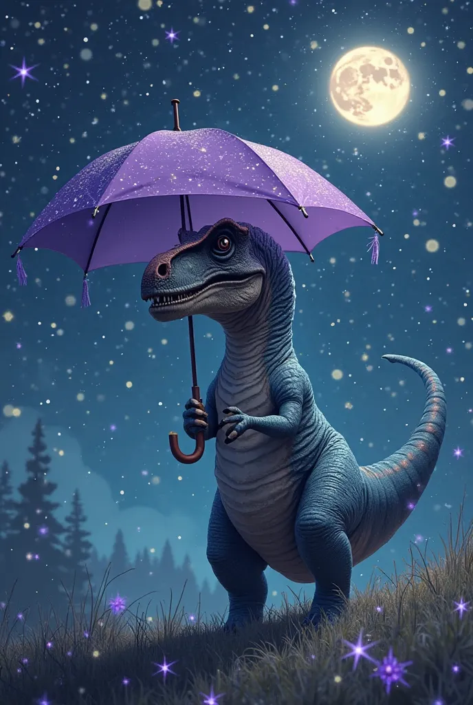 A tyrannosaurus that is holding a lilac umbrella with a shower of stars, the tyrannosaurus that is holding the umbrella and that it is nighttime with a beautiful moon and the stars are falling on you and that the dinosaur is looking up.