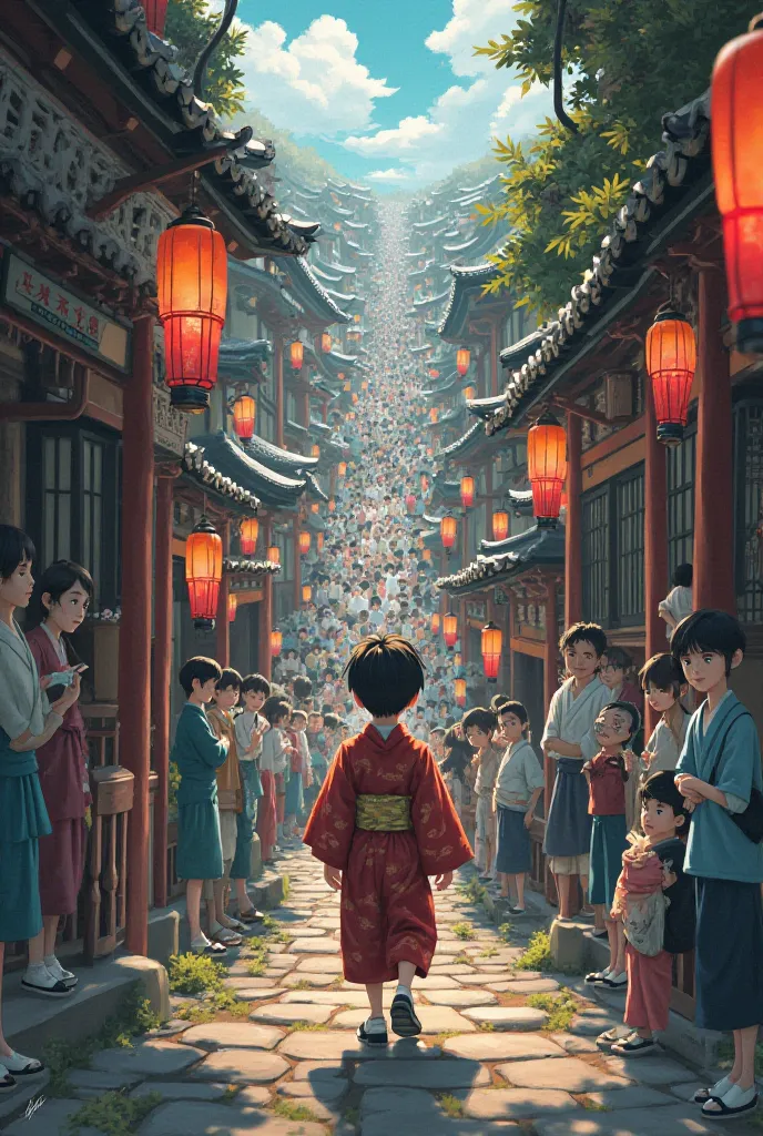 Create  japnese town where a boy is stepping down the stairs in a basement with a huge crowd of people around him. 