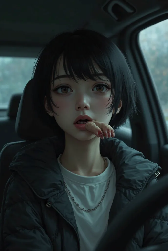 Arte digital realista: 1 Asian girl with short black hair, her face expresses concern, with a frown and an open mouth. The girl wears a T-shirt and a black winter coat. Inside the girl's mouth he has two fingers of a male hand with blood. She is sitting in...