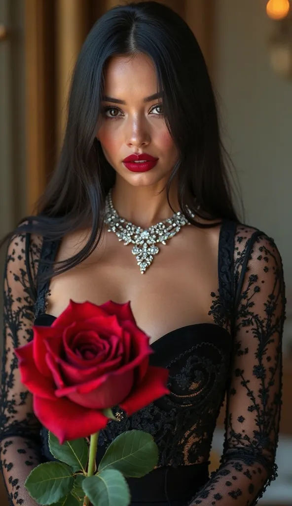 A hyper-realistic digital photo, 8K resolution, of a beautiful Italian model, charming, piercing black eyes, full-length woman with long straight black hair that partially hides her face. She wears a satin and lace evening dress with diamonds emeralds rubi...