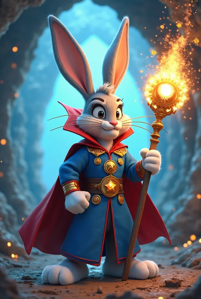 "A fusion of Doctor Strange and Bugs Bunny, a magical rabbit with a mischievous grin, wearing a vibrant blue and red sorcerer robe with golden mystical symbols, holding a glowing staff with an Eye of Agamotto at the top emitting golden sparks. The characte...