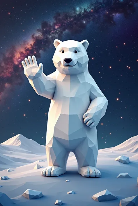 "Realistic polygon-style logo of a white polar bear standing on two legs, waving in a friendly gesture. The bear is made up of geometric shapes with sharp, clean edges. The background features a stunning, detailed view of the Milky Way galaxy, filled with ...