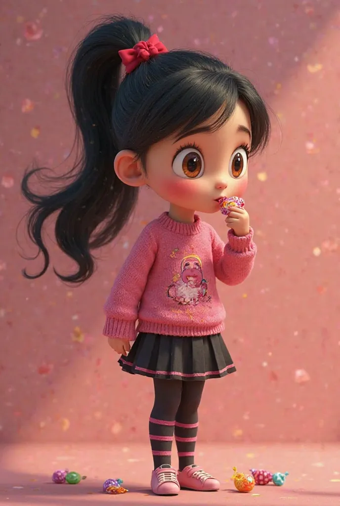 Pixar character with a tender face big and tender brown eyes pink cheeks with black hair tied up with a red ribbon in her hair has a lot of candies she has a pink sweater with a women's print she has a black skirt and long tights with pink stripes is stand...