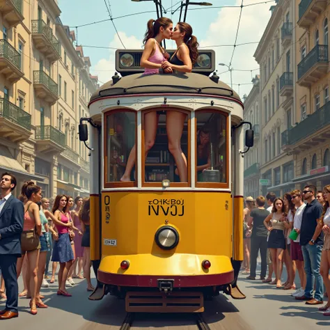 Two lesbian girls sit on top of a yellow tram on Andrássy Avenue in Budapest and kiss wildly, There are a lot of people around the tram