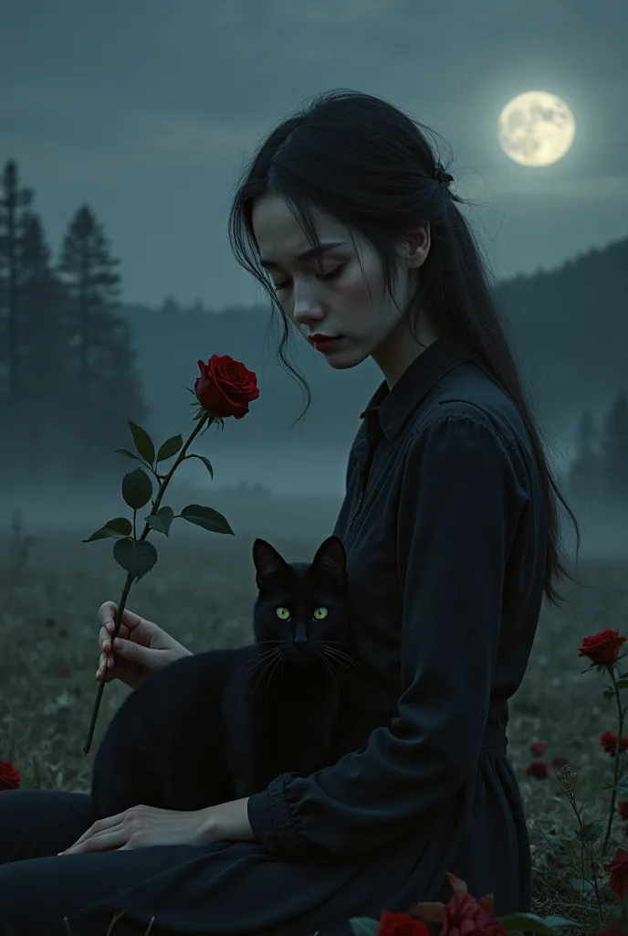 Black rose in hand looking forward with sad eyes, woman with a cat of dark red color on her lap. Night landscape behind the moon is about to set.