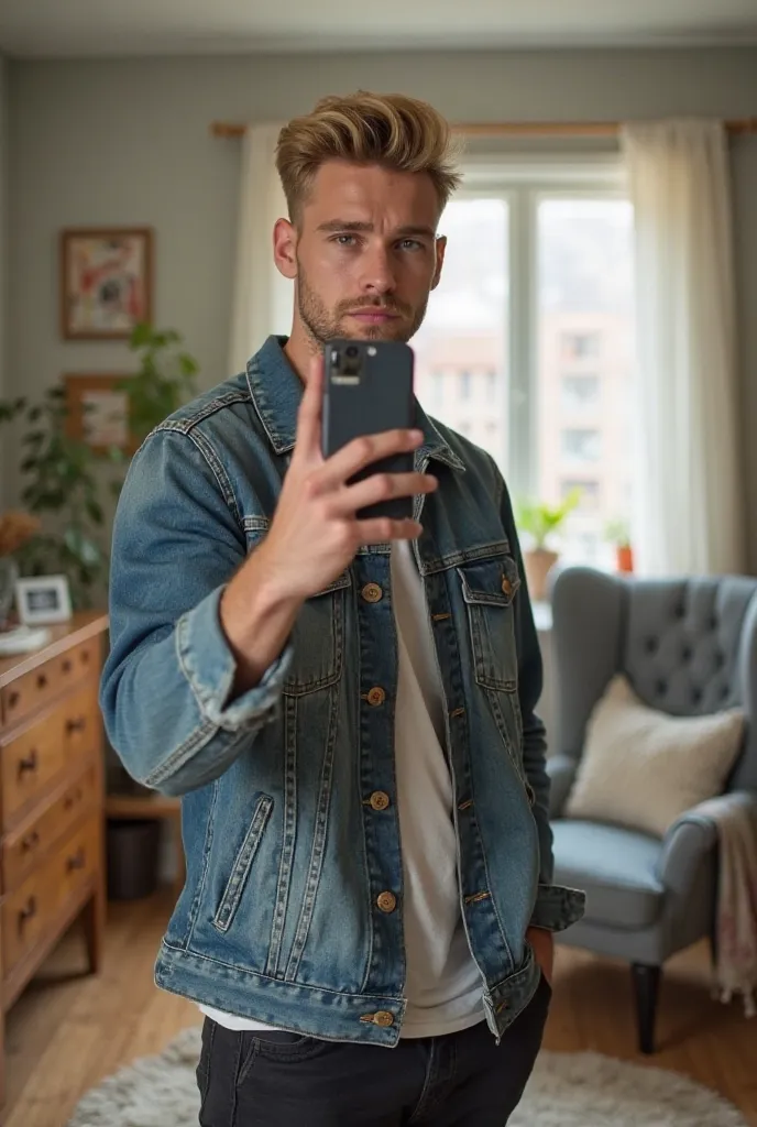 Handsome young man with blonde middle hair wearing a denim jacket without MUSTACHE OR BEARD taking a selfie in his room