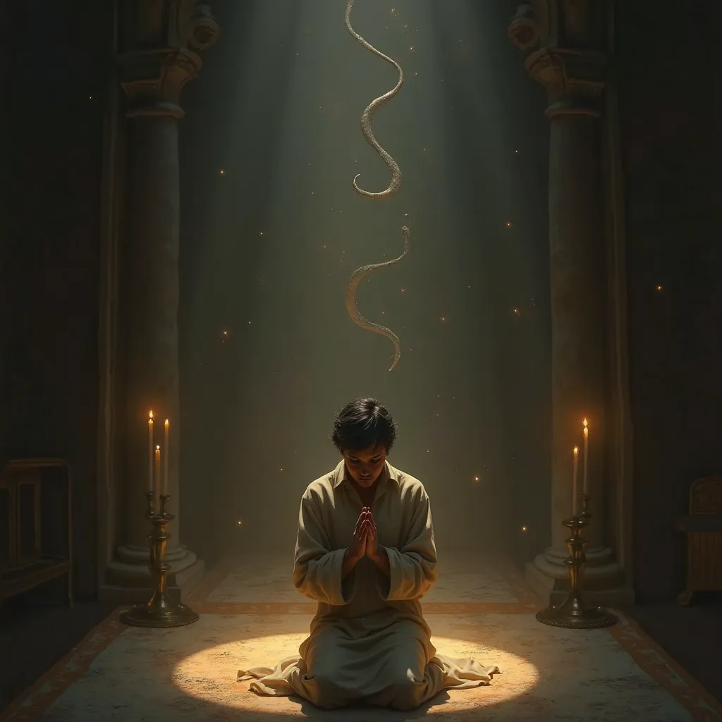 A person praying fervently in a dimly lit room, with a faint shadow of a serpent dissolving into light."