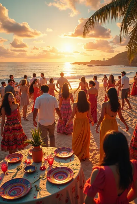 Beach wedding with tables, Mexican crockery and ornaments with DJ at sunset 