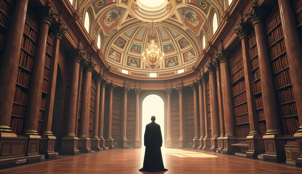 "Generate a 4K ultra-realistic digital illustration (1280x720px, 16:9) of the grand interior of the Austrian National Library’s Prunksaal, viewed from inside. A man (robe #8B5A2B) stands with his back turned, centered in the frame, gazing up at a massive B...