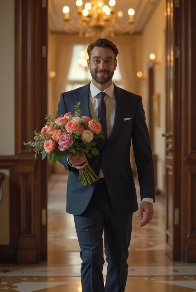 Description :
A man in an elegant suit walks through a large house with a bouquet of flowers.

Scene 1:
	• A man enters a beautiful, of a spacious house, ubrany w elegancki garnitur.
	• Holds a bouquet of flowers.

Scene 2 :
	• A man walks around the house...