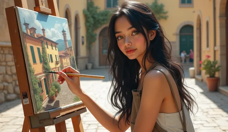 A beautiful girl with light brown skin, in her early 20s, with green eyes and long black hair, she is sweet with a casual face, sitting in a square somewhere in Tuscany, while painting a picture she is wearing casual clothes with a plastic artist apron.