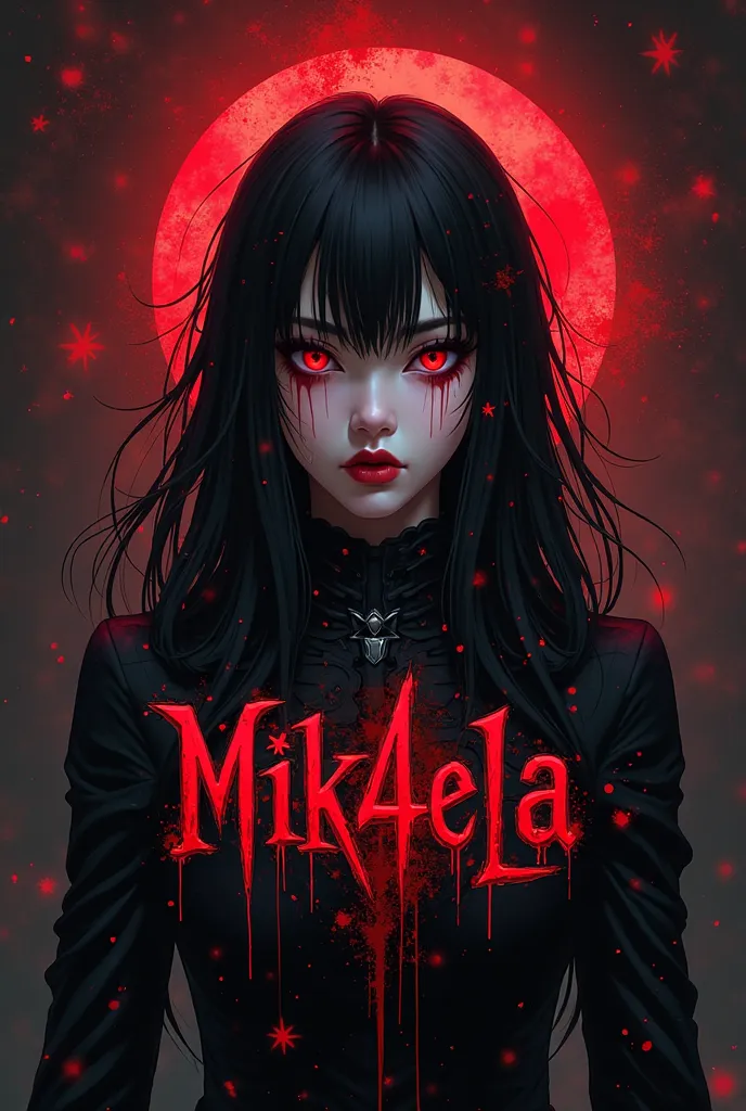 Create a logo for a J-pop idol that is with a palette of wine red and dark. The name of the idol is Mik4ela that has a bloody and vampire design