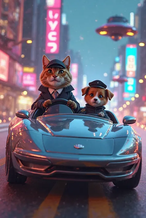 A cat driving car  with police dog 3d pic