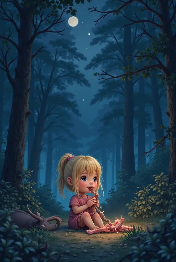 In the foreground, a blonde chubby girl holds the  of a deer in her hands, that she eats. In the background, a blue night forest