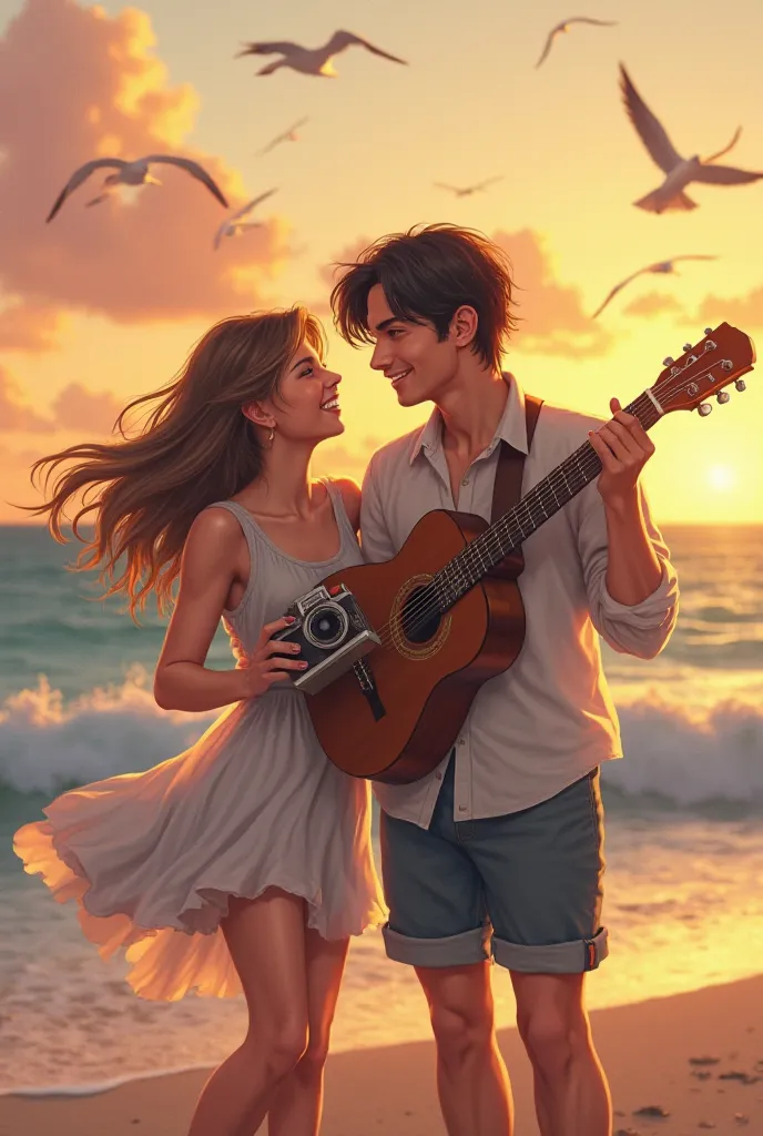 In the picture, a is shown beach at dusk with the sky dyed in warm tones: oranges, pink and gold reflected in the calm sea.  On the shore , rose y feeling están juntos, laughing with complicity. rose, a young woman with light brown hair with golden reflect...