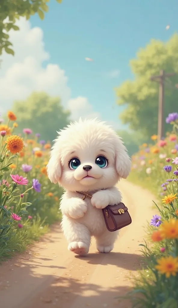 A white tine fluffy puppy with wide blue eyes, walking like a human wearing a purse on his arm, on a countryside road
Details: multiple flowers lining the road, and fresh vibrant atmosphere