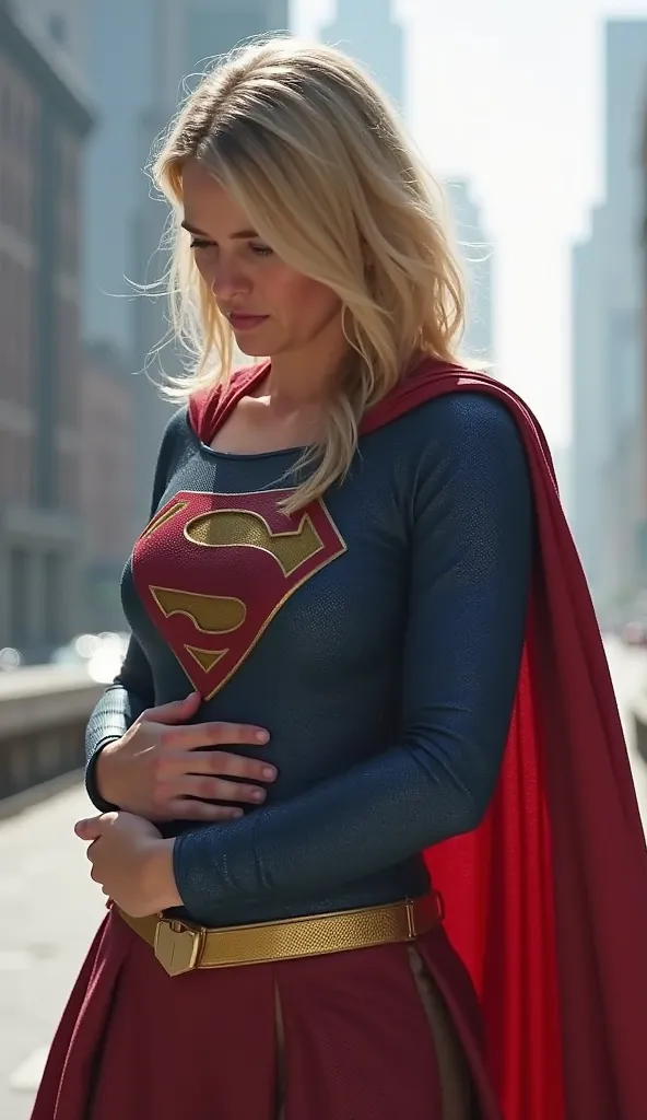 A distressed Supergirl clutches her stomach in pain, her face showing discomfort. She stands in a bright, futuristic cityscape, possibly Metropolis. Her superhero costume is slightly wrinkled, and she looks towards Superman with urgency, asking for help.