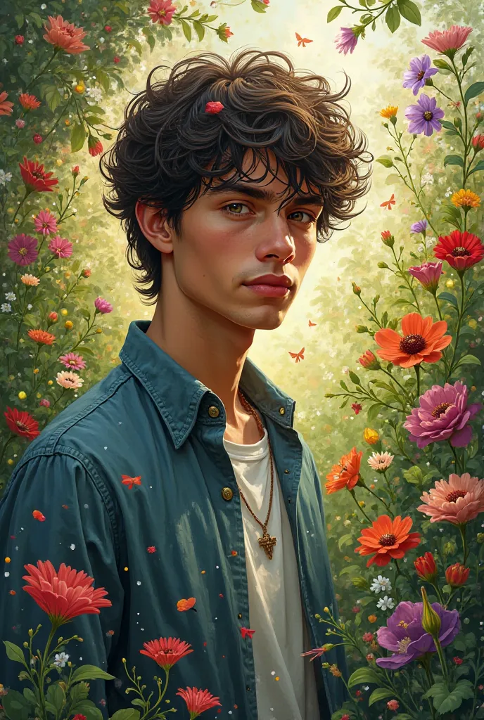 Young man with grating flowers 