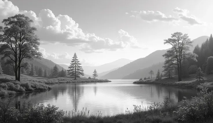 Create a beautiful lake, lush 1950s landscape in black and white 