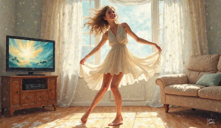 A girl in a realistic style, dancing in a spacious room with soft light. In the background, there is a TV on, on the screen of which abstract patterns or scenes from nature are displayed. A girl in a light , aerial outfit,  Her movements are graceful and f...