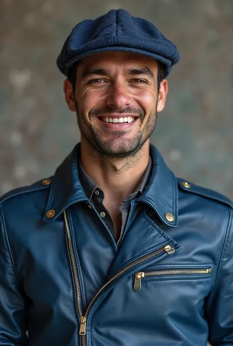 arafed man in a blue leather jacket and cap smiling, a picture inspired by Francesco Filippini, tumblr, antipodeans, macoto takahashi, lorenzo lanfranconi, vale, happy birthday, portrait of jerma985, stefano tamburini, lorenzo vitturi, charming sly smile, ...