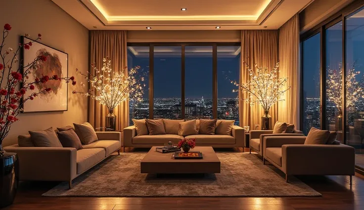 The large living room is decorated with light branches and the design is modern. The large living room is a sofa, four chairs on the north and four chairs on the right. The design is decorated in a modern design and is not decorated with flowers, rose vase...